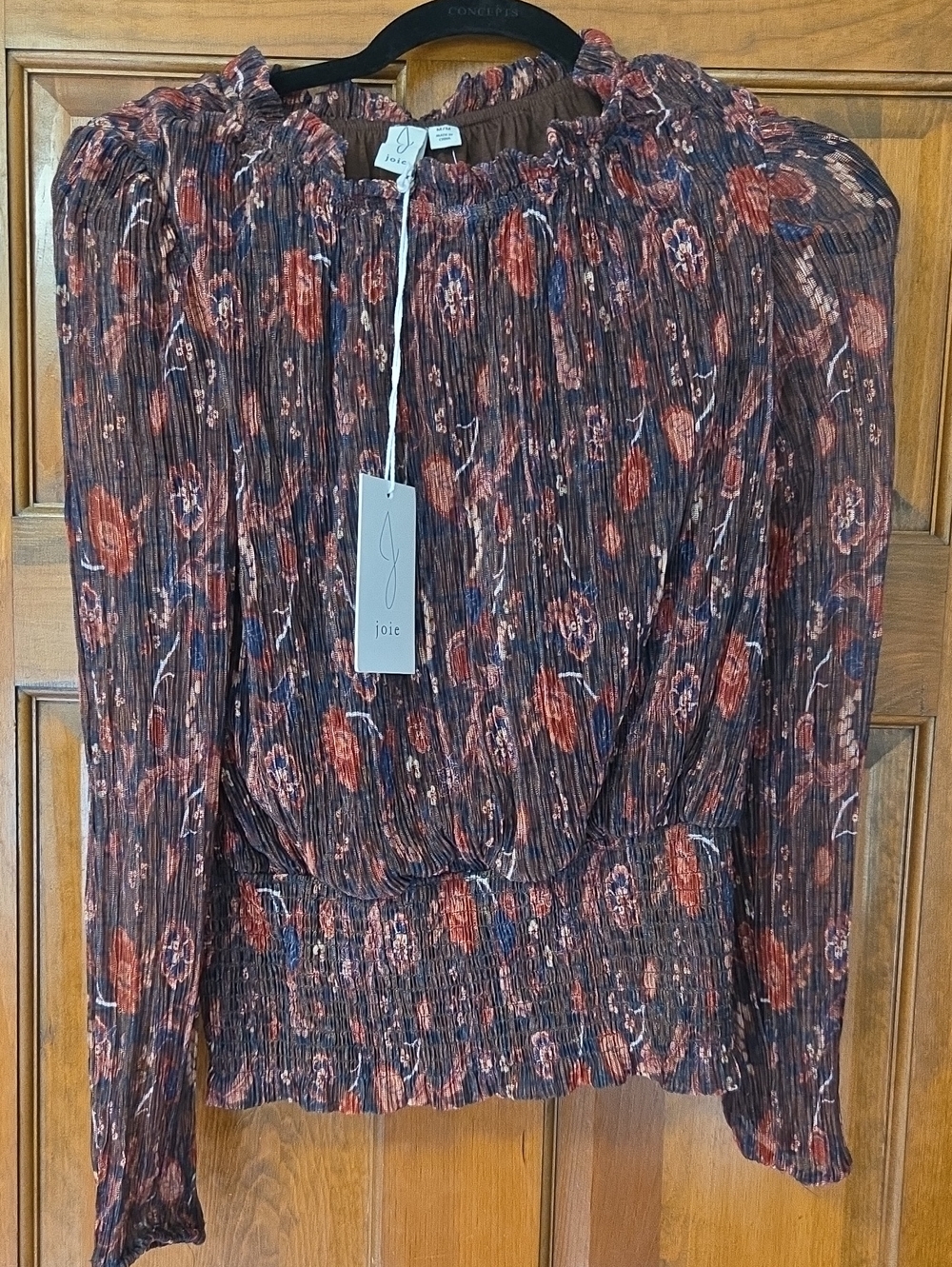 Joie Rust Multi Floral Smocked Long-Sleeve Blouse